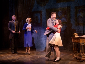 Alex Campea (Drake), Diane Lane (Grace Farrell), Andrew Varela (Oliver Warbucks) and KyLee Hennes (Annie in SKY cast) in rehearsal for Skylight Music Theatre’s production of Annie running November 17 through December 27.