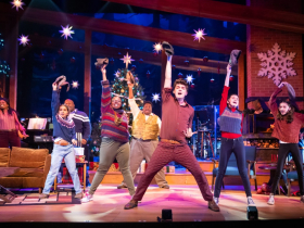 (l. to r. front row) Joey Chelius, (l. to r. middle row) Ella Caglin, Naima Gaines, Taylor Arnstein, Bristol Beasley, (l. to r. back row) Daryn Alexus, Shawn Holmes and Kevin James Sievert in Skylight Music Theatre’s production of A Jolly Holiday: Celebrating Disney’s Broadway Hits.