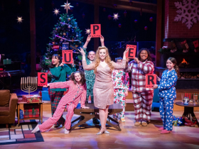 (l. to r. front row) Sophia Furshpan, Samantha Sostarich, Vivian Beeghley, (l. to r. back row) Evie Patrick, Shale Schroeder, Bennett Schoonover, and Sydney Alexander-Brown in Skylight Music Theatre’s production of A Jolly Holiday: Celebrating Disney’s Broadway Hits.