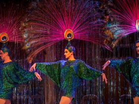 Ryan Cappleman (Cagelle), Brett Sweeney (Cagelle) and Will Henke (Cagelle) in Skylight Music Theatre’s La Cage Aux Folles.