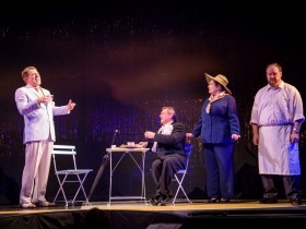 Norman Moses (Georges), Ray Jivoff (Albin), Rhonda Rae Busch (Jacqueline) and Jonathan Stewart (Renaud) in Skylight Music Theatre’s La Cage Aux Folles.