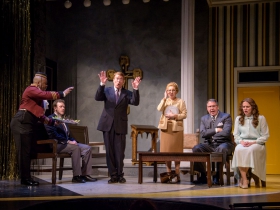 Shawn Holmes (Jacob), Colte Julian (Jean-Michel), Norman Moses (Georges), Carol Greif (Marie), Dylan Bolin (Edouard) and Stephanie Staszak (Anne) in Skylight Music Theatre’s La Cage Aux Folles.