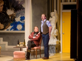 Norman Moses (Georges) and Colte Julian (Jean-Michel) in Skylight Music Theatre’s La Cage Aux Folles.