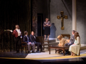 Shawn Holmes (Jacob), Colte Julian (Jean-Michel), Norman Moses (Georges), Ray Jivoff (Albin), Carol Greif (Marie), Dylan Bolin (Edouard) and Stephanie Staszak (Anne) in Skylight Music Theatre’s La Cage Aux Folles.