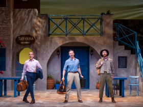 Ben George (Harry Bright), Victor Wallace (Sam Carmichael) and Jacob Horstmeier (Bill Austin) in Skylight Music Theatre’s production of Mamma Mia! running September 23 – October 16, 2022.