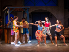 (left to right, top) Joshua Ponce (Ensemble), Arjun Dhawan (Ensemble), Romesh Jayasundara (Eddie), (Left to right, front) Jordan Radis (Pepper), Hope Riesterer (Lisa), Kelly Britt (Tanya) and Emma Knott (Ali) in Skylight Music Theatre’s production of Mamma Mia! running September 23 – October 16, 2022.