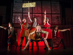 Newsies from Brooklyn (left to right: Alice Rivera, Eloise Field, Lily Miller, Jamie Mercado, Stephanie Staszak, front: Paisley Schroeder) in Skylight Music Theatre’s production of Disney’s Newsies running November 15 – December 29, 2019.