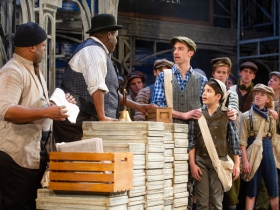 (l. to r.) Shawn Holmes (Oscar Delancey), Kevin James Sievert (Wiesel), Nicholas Parrott (Davey) and Abram Nelson (Les) with the cast of Skylight Music Theatre’s production of Disney’s Newsies running November 15 – December 29, 2019. (Note: the role of Les is double cast.)