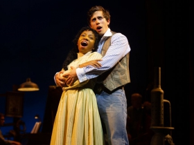 (l. to r.) Brittani Moore (Laurey Williams) and Lucas Pastrana (Curly McLain) in Skylight Music Theatre’s production of Oklahoma! September 27 – October 13.