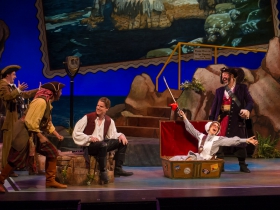Tim Rebers (Ensemble), Sean Jackson (Ensemble), Benjamin Robinson (Frederick), Diane Lane (Ruth), and Andrew Varela (Pirate King) of Pirates of Penzance
