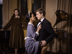 Cassandra Black as the Duchess, Kaleigh Rae Gamaché as the Maid and Benjamin Robinson as the Waiter