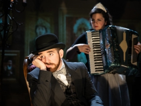 (l. to r.) Doug Clemons (Robin Oakapple/Ruthven Murgatroyd) and Karen Estrada (Old Adam Goodheart) in Ruddigore running January 3 – January 19, 2020.