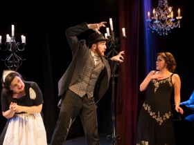 (l. to r.) Karen Estrada (Old Adam Goodheart), Doug Clemons (Robin Oakapple/Ruthven Murgatroyd), and Susan Robinson (Rose Maybud) in Ruddigore running January 3 – January 19, 2020.
