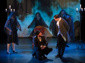Doug Clemons (Robin Oakapple/Ruthven Murgatroyd, center, left), Tim Rebers (Music Director/All other Murgatroyds, center, right) and the cast of Ruddigore running January 3 – January 19, 2020.