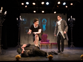 (l. to r.) Doug Clemons (Robin Oakapple/Ruthven Murgatroyd), Sandi Lash (Dame Hannah), and Tim Rebers (Music Director/All other Murgatroyds) in Ruddigore running January 3 – January 19, 2020.