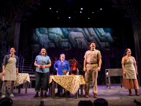 (left to right) Micah Friedman as Percy Talbott, Rhonda Rae Busch as Effy Krayneck, Suzanne Graff as Hannah Ferguson, Frankie Breit as Sheriff Joe Sutter, and Rachael Zientek as Shelby Thorpe in Skylight Music Theatre’s production of The Spitfire Grill, running February 27 through March 15, 2026.