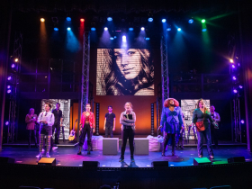 (l. to r.) Sarah Zapiain (Super-Ensemble), Wren Rivera (Jo Jo/Rise), Justin Matthew Sargent (Jay), Jenna Rubaii (Ash/Blast), Gabriel Manuel Burdette (Super-Ensemble), Kennedy Caughell (Katie), B Noel Thomas (Samantha/Sammy/Seven), Shelby Griswold (Missy/Ima-Mazing) and King Hang (Super-Ensemble) in Skylight Music Theatre’s world premiere developmental production of SuperYou, now through June 18