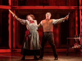 Christina Hall (Mrs. Lovett) and Andrew Varela (Sweeney Todd) in Skylight Music Theatre’s Sweeney Todd running May 19 – June 11.