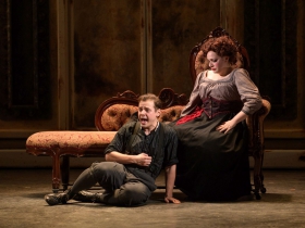Ryan Stajmiger (Tobias Ragg) and Christina Hall (Mrs. Lovett) in Skylight Music Theatre’s Sweeney Todd running May 19 – June 11.