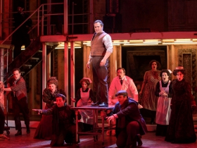 Andrew Varela (Sweeney Todd, Center, standing) surrounded by the cast of Skylight Music Theatre’s Sweeney Todd. Sweeney Todd running May 19 – June 11