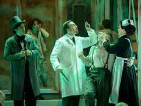 Lucas Pastrana ( Anthony Hope), Rick Pendzich (Center, Jonas Fogg) and cast in Skylight Music Theatre’s Sweeney Todd running May 19 – June 11.