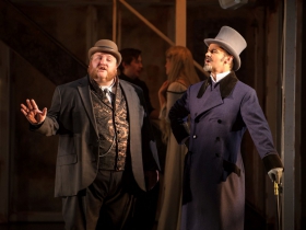 Ben Tajnai (The Beadle) sings with Randall Dodge (Judge Turpin) in Skylight Music Theatre’s Sweeney Todd running May 19 – June 11.