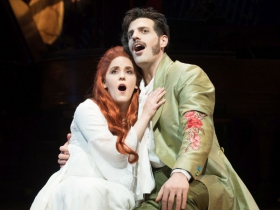 Susan Wiedmeyer (Antonia) and John Kaneklides (Hoffmann) in rehearsal for Skylight Music Theatre’s production of The Tales of Hoffmann in association with Milwaukee Opera Theatre, March 16-29 on the Cabot Theatre stage.