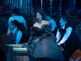 Ariana Douglas (Giulietta) and the cast of The Tales of Hoffmann in rehearsal for Skylight Music Theatre’s production in association with Milwaukee Opera Theatre, March 16-29 on the Cabot Theatre stage.