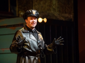 Rick Pendzich (Officer Lockstock) in rehearsal for Skylight Music Theatre’s production of Urinetown, The Musical May 18 – June 10 on the Cabot Theatre stage.