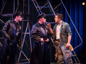 Tim Rebers (Officer Barrel), Rick Pendzich (Officer Lockstock) and Lucas Pastrana (Bobby Strong) in rehearsal for Skylight Music Theatre’s production of Urinetown, The Musical May 18 – June 10 on the Cabot Theatre stage.