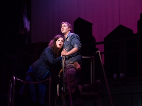 Rachel Zientek (Hope Cladwell) and Lucas Pastrana (Bobby Strong) in rehearsal for Skylight Music Theatre’s production of Urinetown, The Musical May 18 – June 10 on the Cabot Theatre stage.