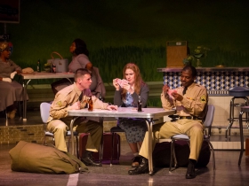 Foreground: Alex Mace (Monty), Allie Babich (Violet), Lamar Jefferson (Flick). Background: Cynthia Cobb (bus passenger), Raven Dockery (bus passenger) in Skylight Music Theatre’s Violet