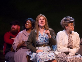 Robby McGhee (bus passenger), Raven Dockery (Bus Passenger), Allie Babich (Violet), Samantha Sostarich (Old Lady), in Skylight Music Theatre’s Violet