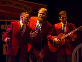 Rick Pendzich (Radio Singer), Robby McGhee (Radio Soloist) and Ryan Stajmiger (Radio Singer) in Skylight Music Theatre’s Violet