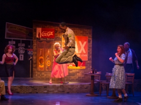 Alex Mace (Monty), Samantha Sostarich (Hooker), Lamar Jefferson (Flick), Cynthia Cobb (Music Hall Singer), Allie Babich (Violet) and Robby McGhee (bus passenger) in Skylight Music Theatre’s Violet