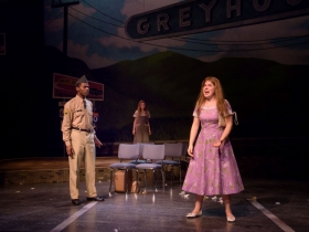 Lamar Jefferson (Flick), Ella Rose Kleefisch (young Violet) and Allie Babich (Violet) in Skylight Music Theatre’s Violet