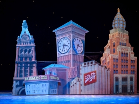 The Skyline of Milwaukee (designed by Aaron Dyszelski) before aliens land in Skylight Music Theatre’s Zombies from The Beyondrunning Feb. 2-18.