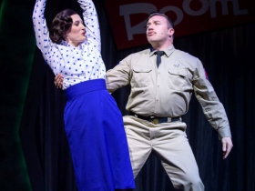 Rick Pendzich (Rick Jones) and Kathryn Hausman (Mary Malone) in rehearsal for Skylight Music Theatre’s Zombies from The Beyond running Feb. 2-18.