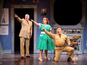 Norman Moses (Major Malone), Meghan Randolph (Charlene) and Rick Pendzich (Rick Jones) in rehearsal for Skylight Music Theatre’s Zombies from The Beyond running Feb. 2-18.