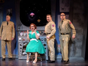 Norman Moses (Major Malone), Meghan Randolph (Charlene), Rick Pendzich (Rick Jones) and Matt Frye (Trenton Corbett) in rehearsal for Skylight Music Theatre’s Zombies from The Beyond running Feb. 2-18.