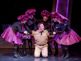 The Zombettes capture Rick Jones, played by Rick Pendzich (Center) in rehearsal for Skylight Music Theatre’s Zombies from The Beyond running Feb. 2-18.