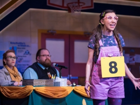 (l. to r.) Samantha Sostarich (Rona Lisa Peretti), Robby McGhee (Douglas Panch) and Amanda Rodriguez (Olive Ostrovsky) in Skylight Music Theatre’s production of The 25th Annual Putnam County Spelling Bee running February 7 – February 23, 2020.