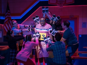 James Carrington (William Barfèe, center) and cast members of Skylight Music Theatre’s production of The 25th Annual Putnam County Spelling Bee running February 7 – February 23, 2020.