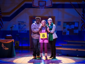 (l. to r.) Shawn Holmes (Mitch Mahoney), Amanda Rodriguez (Olive Ostrovsky) and Samantha Sostarich (Rona Lisa Peretti) in Skylight Music Theatre’s production of The 25th Annual Putnam County Spelling Bee running February 7 – February 23, 2020.