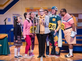 Samantha Sostarich (Rona Lisa Peretti, center) and cast members of Skylight Music Theatre’s production of The 25th Annual Putnam County Spelling Bee running February 7 – February 23, 2020.