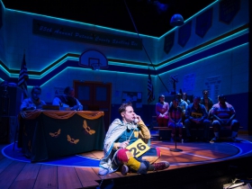 Ryan Stajmiger (Leaf Coneybear, center) and the cast of Skylight Music Theatre’s production of The 25th Annual Putnam County Spelling Bee running February 7 – February 23, 2020.