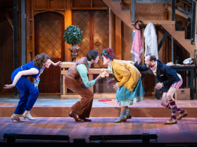 (l. to r.) Jenna K. Vik (Belinda Blair/Flavia Brent), Max Pink (Gary Lejeune/Roger Tramplemain), Linda Mugleston (Dotty Otley/Mrs. Clackett) and Jake Horstmeier (Freddy Fellowes/Philip Brent) in rehearsal for Skylight Music Theatre’s production of Noises Off.