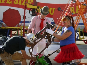 Crew setting up the Life Size Game of Mousetrap