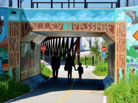 The 'Valley Passage Mural' connects Pierce Street to the Menomonee Valley.