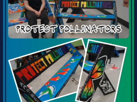 Rachel Lebeck and her bench, 'Protect Pollinators.'